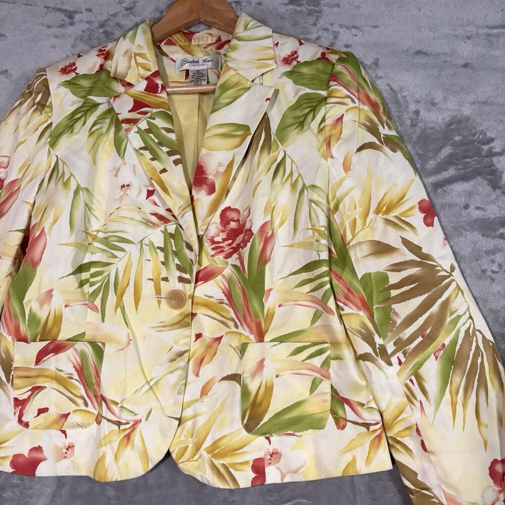 Judith Hart Petites 12P Floral Blazer Jacket Yellow Lined Button Retro 90s